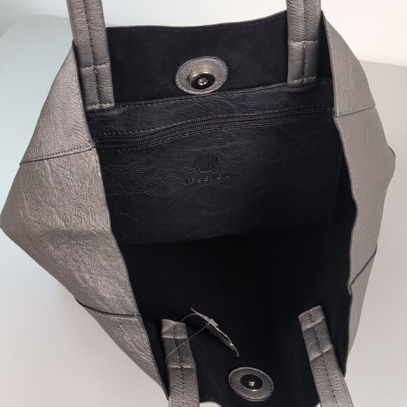 NEW Jessica Faux Leather Shoulder Bag Color Block Large Tote Purse Silver Black - Picture 6 of 11